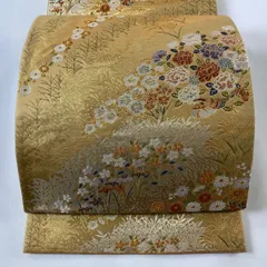 【在庫一掃】 袋帯 秀品 花鳥 葉柄 金糸 箔 金色 六通 正絹 【中古】