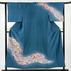 【在庫一掃】 訪問着 身丈152.5cm 裄丈64cm M 袷 辻が花柄 道長取り ぼかし 青灰色 正絹 秀品 一つ紋 【中古】