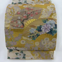 【在庫一掃】 袋帯 美品 秀品 扇 草花 金銀糸 箔 金色 六通 正絹 【中古】