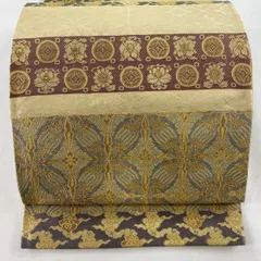 【在庫一掃】 袋帯 美品 秀品 段縞 草花 金糸 ベージュ 全通 正絹 【中古】