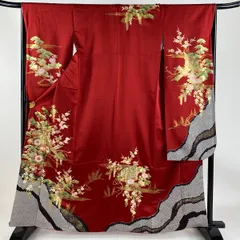【在庫一掃】 振袖 身丈162.5cm 裄丈66cm M 袷 几帳 松梅 金彩 染め分け 赤 正絹 名品 【中古】