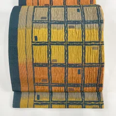 【在庫一掃】 袋帯 美品 秀品 幾何学模様 格子 金糸 深緑 全通 正絹 【中古】