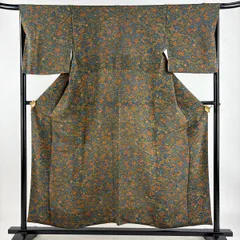 【在庫一掃】 小紋 身丈154cm 裄丈66cm M 袷 草花 蝶 縮緬 藍色 正絹 美品 秀品 【中古】