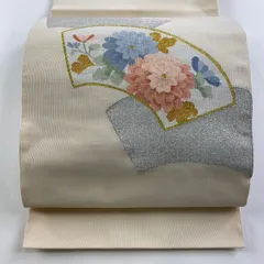 【在庫一掃】 名古屋帯 美品 秀品 八寸名古屋帯 松葉仕立て 扇面 菊 金銀糸 綴れ ベージュ 正絹 【中古】