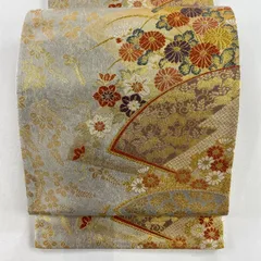 【在庫一掃】 袋帯 美品 秀品 扇面 菊 唐織 箔 金色 六通 正絹 【中古】