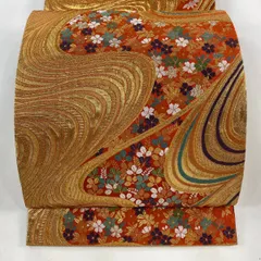 【在庫一掃】 袋帯 美品 秀品 振袖向き 桜 流水 金銀糸 箔 朱色 六通 正絹 【中古】