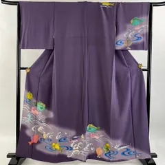 【在庫一掃】 訪問着 身丈160.5cm 裄丈64.5cm M 袷 魚 波 ぼかし 紫 正絹 名品 【中古】