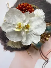 胡蝶蘭×マム×リボン髪飾り　花嫁髪飾り　胡蝶蘭髪飾り　打掛髪飾り　振袖髪飾り　謝恩会髪飾り　成人式髪飾り　振袖　白無垢　ブライダルヘア　ウェディングヘア