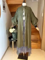 カーキ色 ロング ONE PIECE プリーツ 袖