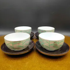京紫 龍峰 湯呑茶碗 茶托 4客 8点 セット 葦柄 煎茶器 美濃焼 S377 湯飲み