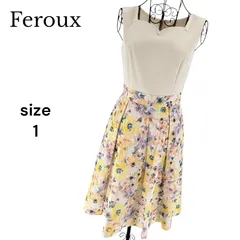 【美品】Feroux フェルゥ ノースリーブワンピース 花柄 フレア ビジュー ビーズ ホワイト イエロー 総柄 花柄 サイズ1 オンワード樫山 ガーリー レディース