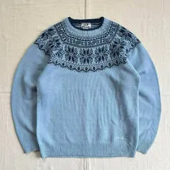 00s　archive　アーカイブ古着　当時物　PIKO　ピコ　ジャガードロゴ　ノルディック柄　Uネック　アクリルニット　セーター　裾ロゴ刺繍　ライトブルー　M　平成レトロ　Y2K　サーフ　logo × nordic pattern jacquard knit