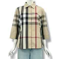 極美品 BURBERRY LONDON バーバリー ロンドン シャツ 七分袖 騎士ロゴ 刺繡 ノバチェック サイズ13 ブラウン