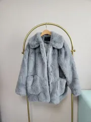 レディース ブルー ファー コート ショート ジャケット