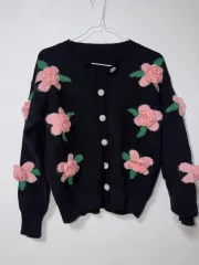 黒色 花 刺繍 フラワー ニット カーディガン