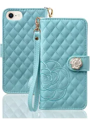 ★SZjamie 手帳型ケース 用の iPhone SE3/SE2/8/7/6s/6 ケース 財布型 薔薇 カメリア花柄 刺繍 上質な手触り 可愛い カワイイ かわいい デザイン ピンク 耐衝撃 全面保護