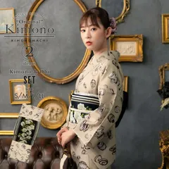 洗える着物 セット「袷着物：アフタヌーンティー ベージュ＋京袋帯：黒 アンティークローズ」KIMONOMACHI オリジナル 着物と帯の2点セット サイズS/M/L/LL コーディネート済み着物セット 小紋 レディース キモノ