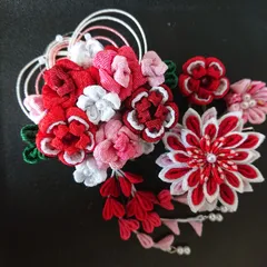つまみ細工の花束風髪飾りセット/赤系&ピンク系/赤系メイン/結婚式/七五三/成人式/卒業式