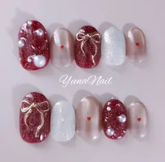 ハートネイル　バレンタインネイル　リボンネイル　マグネットネイル　フラッシュネイル　ガーリーネイル　ショートオーバル