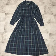 希少【美品】RALPH LAUREN COUNTRY　チェック柄 長袖 シャツワンピース　サイズ7 S〜Мサイズ　グリーン ダークグリーン　マキシ丈　Aライン　フレア　ウール 薄手　替えボタン付　ラルフローレン カントリー