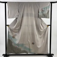 付下げ 身丈155.5cm 裄丈61.5cm S 袷 雪輪 草花 刺繍 金銀彩 灰茶 正絹 秀品 【中古】