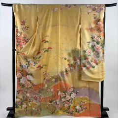 振袖 身丈168cm 裄丈66.5cm M 袷 牡丹 枝花 金糸 金彩 黄色 正絹 秀品 【中古】