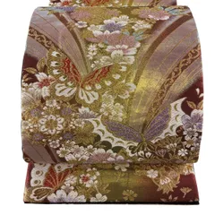 袋帯 秀品 振袖向き 桜 蝶 金糸 箔 金色 六通 正絹 【中古】