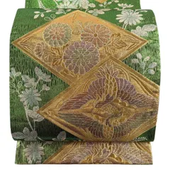 【美品】 袋帯 秀品 向かい鳥 菊 箔 緑 六通 正絹 【中古】