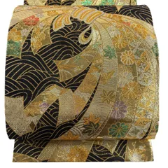 【美品】 袋帯 秀品 束ね熨斗 波 金糸 箔 金色 六通 正絹 【中古】