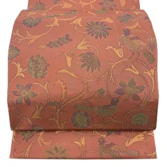 【美品】 袋帯 秀品 織悦 落款 花唐草 鳥 箔 茜色 全通 正絹 【中古】