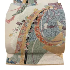 袋帯 秀品 関西仕立て 熨斗 梅 箔 クリーム 六通 正絹 【中古】