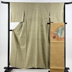 小紋 身丈157cm 裄丈63.5cm S 袷 袋帯セット 幾何学模様 灰緑 正絹 秀品 【中古】