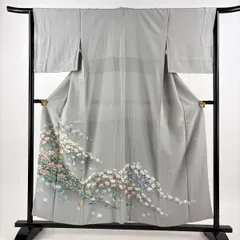 付下げ 身丈155cm 裄丈64cm M 袷 落款 花鳥 ぼかし 灰色 正絹 秀品 【中古】