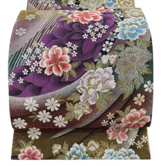 【美品】 袋帯 秀品 振袖向き 草花 幾何学 唐織 金糸 紫 六通 正絹 【中古】