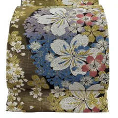 袋帯 秀品 振袖向き 桜 流水 唐織 金糸 金色 六通 正絹 【中古】
