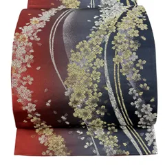 【美品】 袋帯 秀品 振袖向き 桜 桜の花びら 箔 金銀糸 茜色 六通 正絹 【中古】