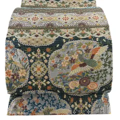 【美品】 袋帯 秀品 横段鳥花紋 唐織 金糸 深緑 六通 正絹 【中古】