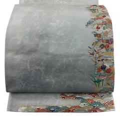 袋帯 名品 関西仕立て 草花 流水 金糸 刺繍 ベージュ お太鼓柄 正絹 【中古】
