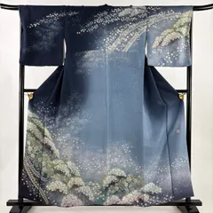 訪問着 身丈160cm 裄丈69cm L 袷 吉乃一廉 落款 辻が花 桜 銀通し 金彩 紺色 正絹 逸品 【中古】