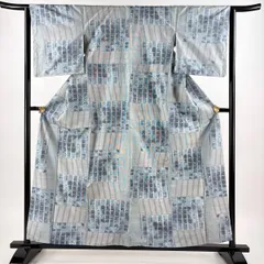 【美品】 大島紬 身丈158cm 裄丈63cm S 袷 都喜ヱ門 証紙 瓦 変わり市松 青灰色 正絹 逸品 【中古】