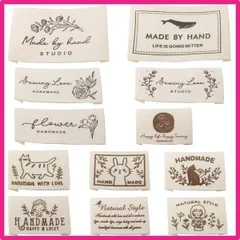 A LOYELEY ハンドメイド用 タグ 12種セット 綿 ロゴ ワッペン ラベル お花 猫 フラワー ネコ コットン かわいい おしゃれ DIY 縫製 手作り 手芸 ポーチ/衣類/帽子などに飾り Handmade 英文 (A)