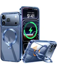 ★ZapNet iPhone 17 Pro Max用 クリア ケース Magsafe 対応 [定点スタンド・超絶安定性][本体を再現・極透明]ストラップホール付き マグセーフ ワイヤレス充電対応 黄変防止 米軍MIL規格取得・耐衝撃(ブルー)