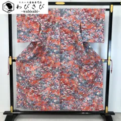 小紋 型染 蝶々に花模様 京緋色 縮緬 K-5014