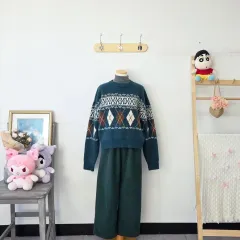 ヴィンテージ グリーン/ブラウン パターン ニット