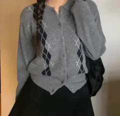 アーガイル ニット カーディガン グレー