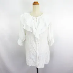 ローリーズファーム LOWRYS FARM ブラウス シャツ 七分袖 ノーカラー フリル シアー F オフホワイト ※EKM