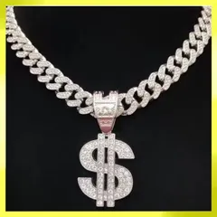 ＄ ドルマーク ブリンブリン ギラギラ シルバー マイアミキューバンリンク ジルコニア CZダイヤモンド ラインストーン ネックレス ペンダント ヒップホップ ラッパー パンク ストリート 13mm×50cm メンズ レディース ユニセックス 新品未使用品