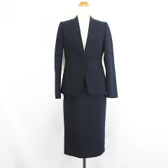 プラステ PLST セットアップ スカートスーツ ジャケット 長袖 ノーカラー 総裏 スカート ミモレ丈 タイト ストレッチ 上XS 下S ネイビー ※EKM