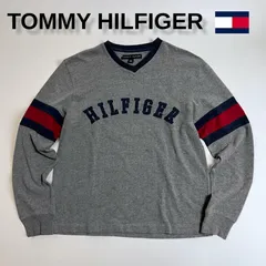 トミーヒルフィガー Vネック ロンT グレー ロゴ刺繍 袖ライン アメカジ 古着 メンズ S相