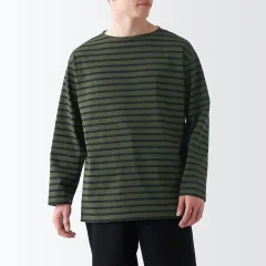 無印良品 muji ボートネック 9分袖 Tシャツ カーキグリーンボーダー XL 新品